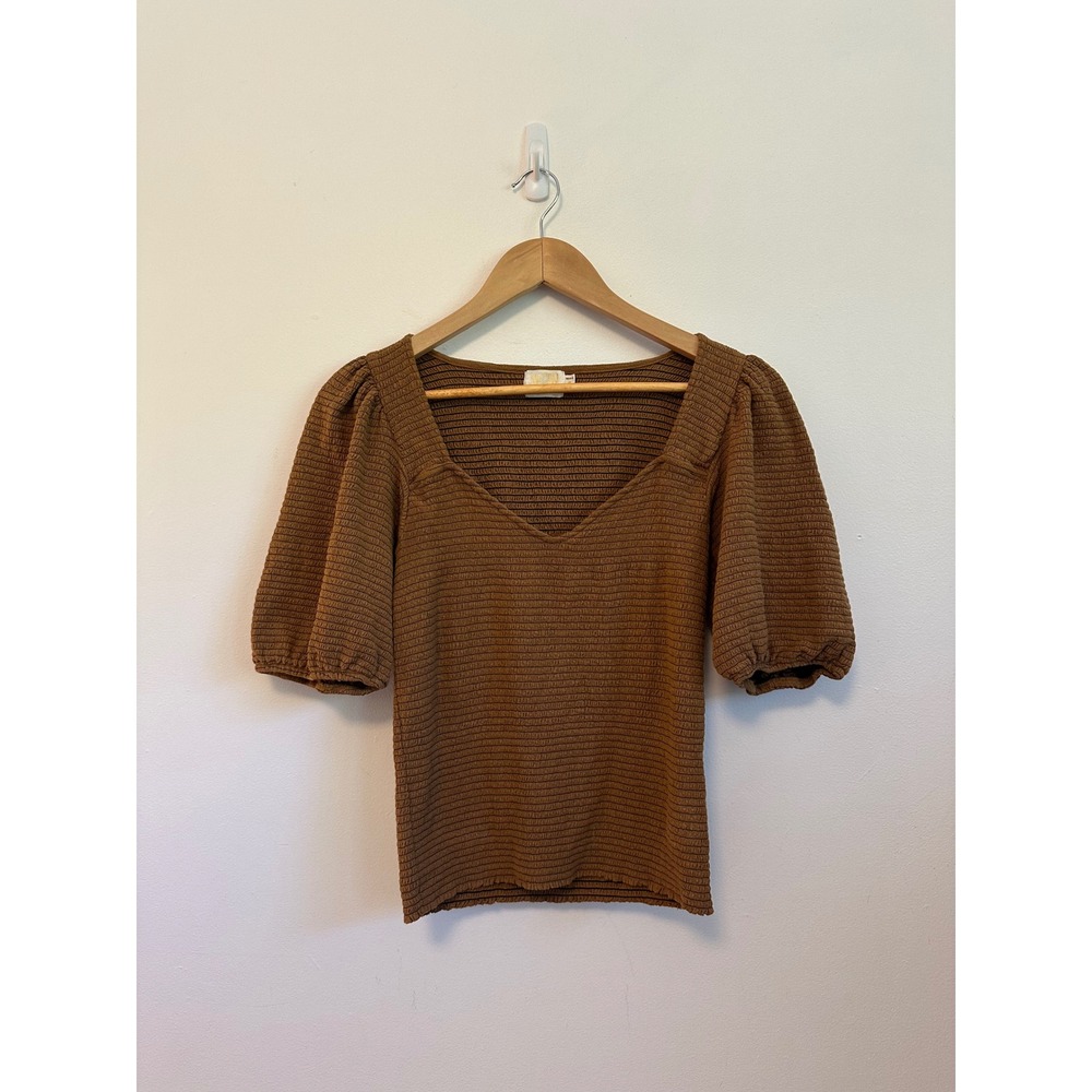 Nation LTD Brown Smocked Pima Cotton Puff Sleeve V-Neck Top | Size Medium